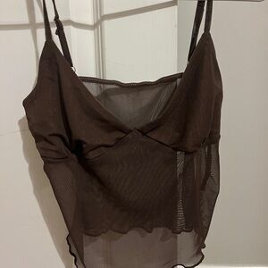 Brown sheer mesh top with adjustable straps.
